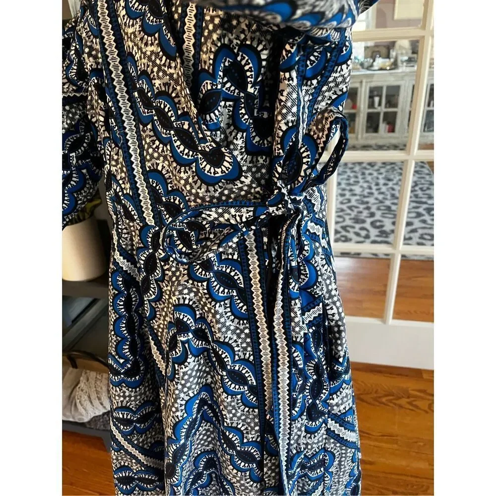 Ray Darten Blue & Black African Print Wrap Puff Sleeve Dress sz 1X EUC